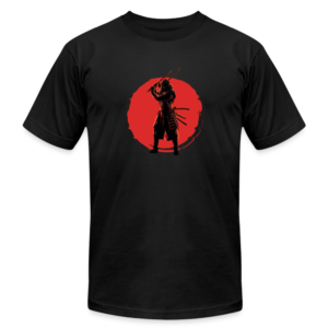 "Experience the essence of ancient Japan with our Samurai Stance T-Shirt: a striking design against a red backdrop, symbolizing strength and resilience."